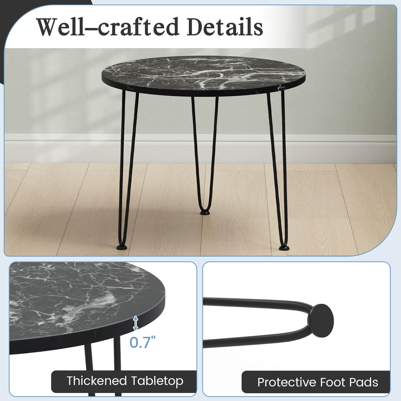 Small Round Coffee Table w/ Thickened Tabletop & Metal Tripod Legs Faux Marble