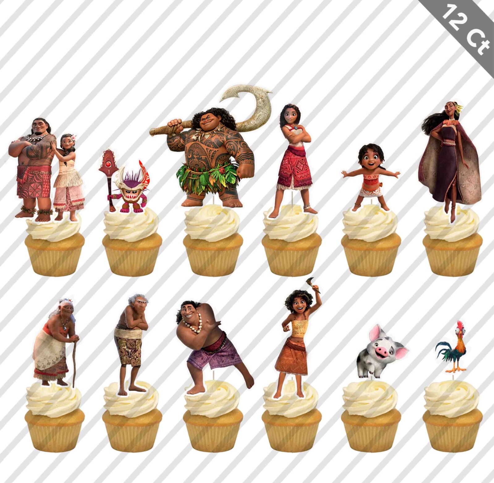12 Moana 2 Cupcake Toppers Maui Simea Matangi Loto Kele Hei Birthday Favor Party