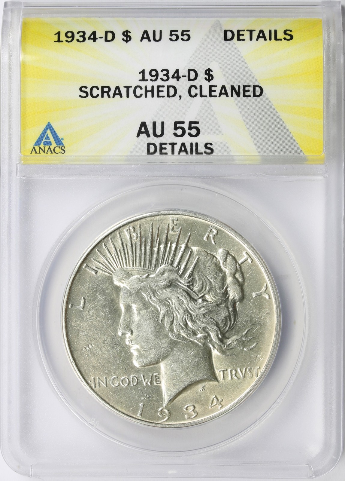 1934-D $1 Peace Silver Dollar ANACS AU55 Details Scratched & Cleaned