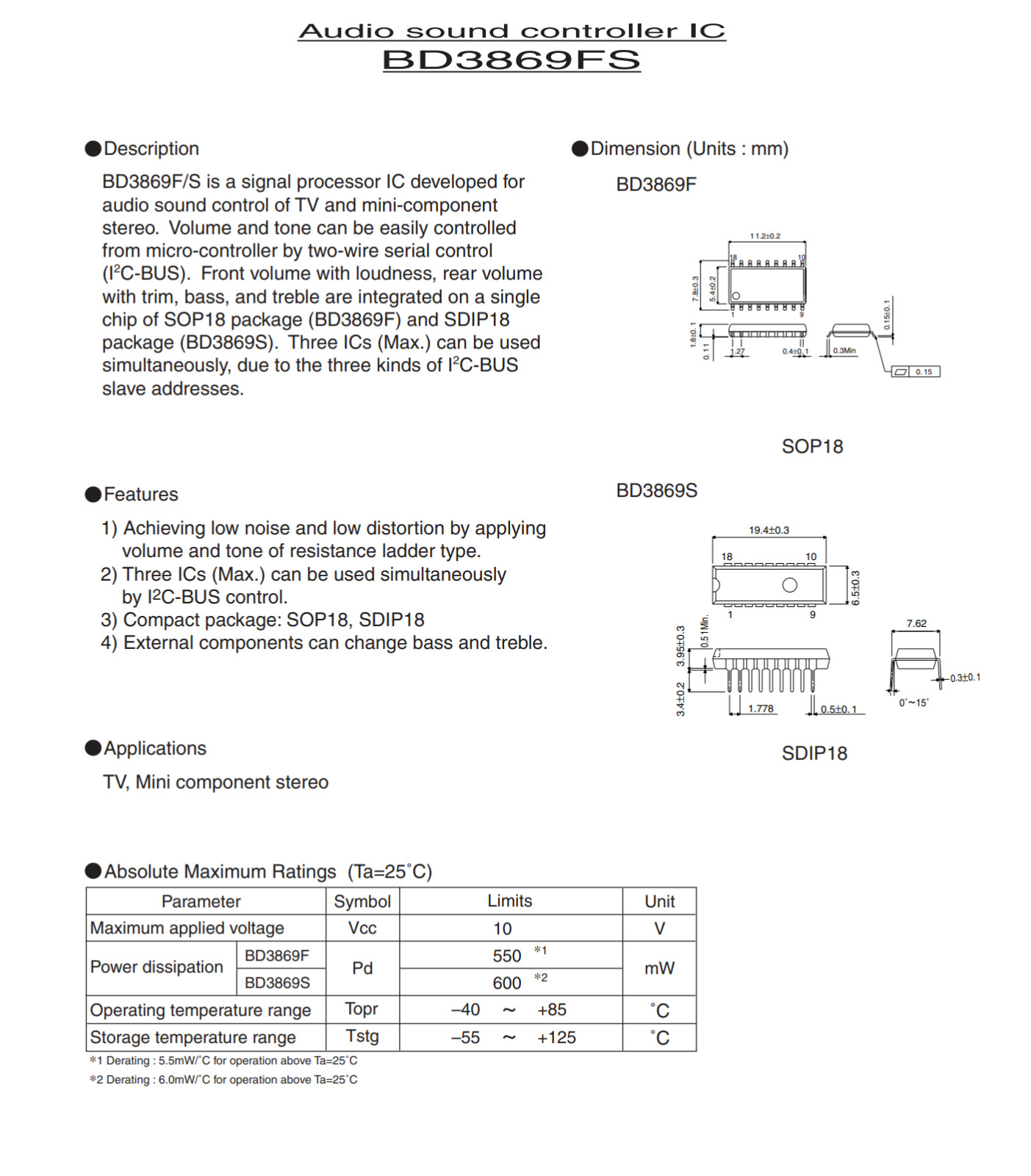 BD3869F ROHM Audio Sound Controller Volume Tone I2C Serial Control SOP-18