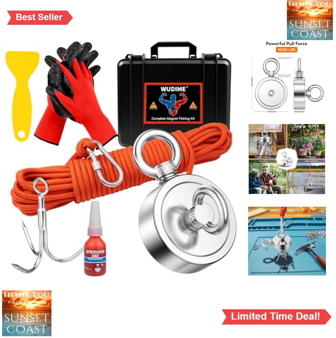 Strong Magnet Fishing Kit 1000 Lbs Pulling Force Neodymium with 65 FT Rope