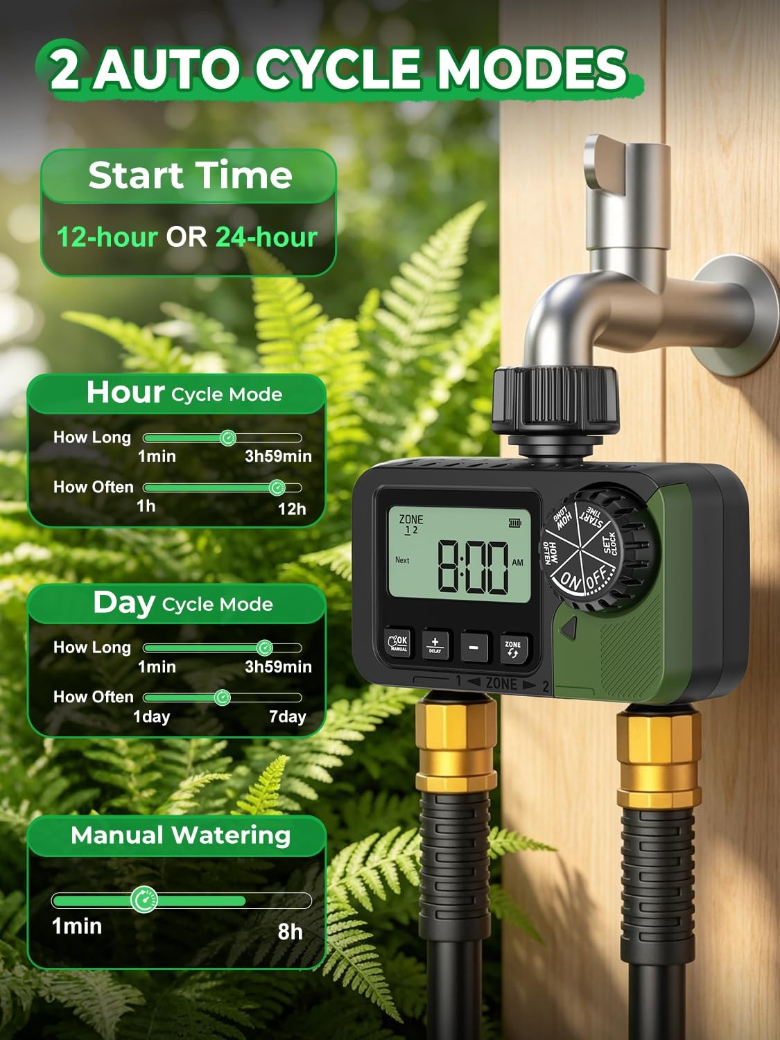Sprinkler Timer 2 Outlets, Programmable Water Hose Small, Black + Olive Green