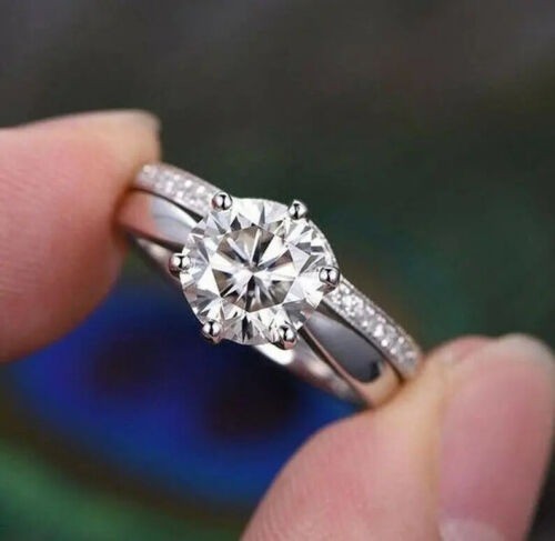 Lab-Created 1.90 Ct Round Cut Diamond Engagement Ring Set 925 Sterling Silver