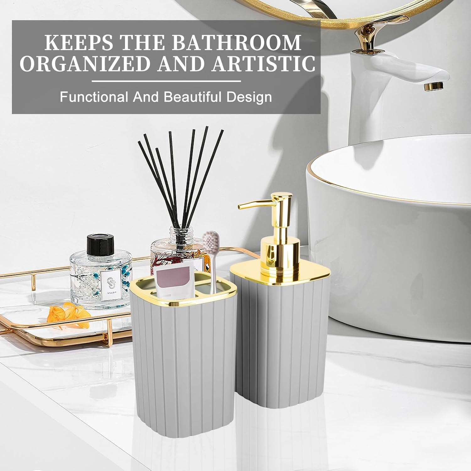 2PCS Bathroom Accessories Set, Grey Bathroom Accessories Include Soap Dispenser