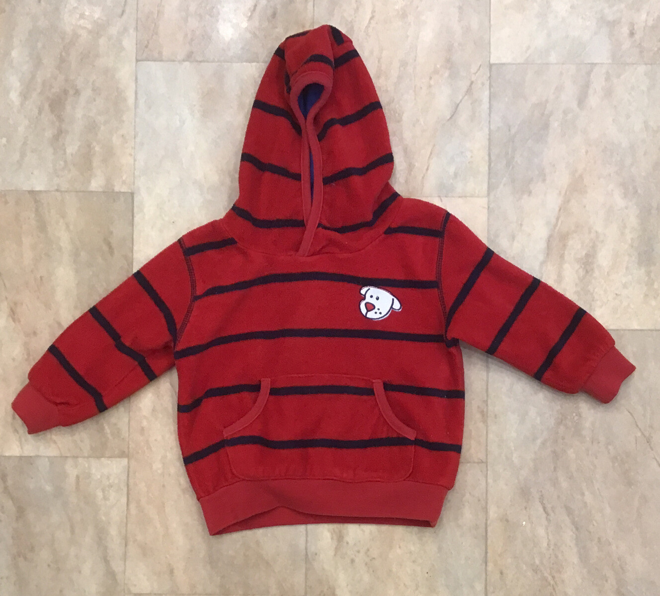 Baby Boys Tots Red Navy Blue Striped Fleece Hoodie With Dog Age 12 - 18 Months