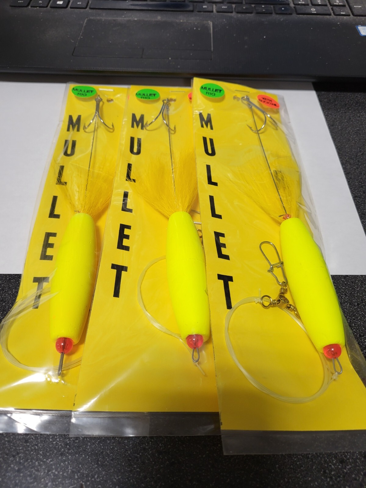3 NJ Hand Tied Mullet Rigs Yellow Float/Bucktail w/Mono+3-Way Swivel FREE SHIP