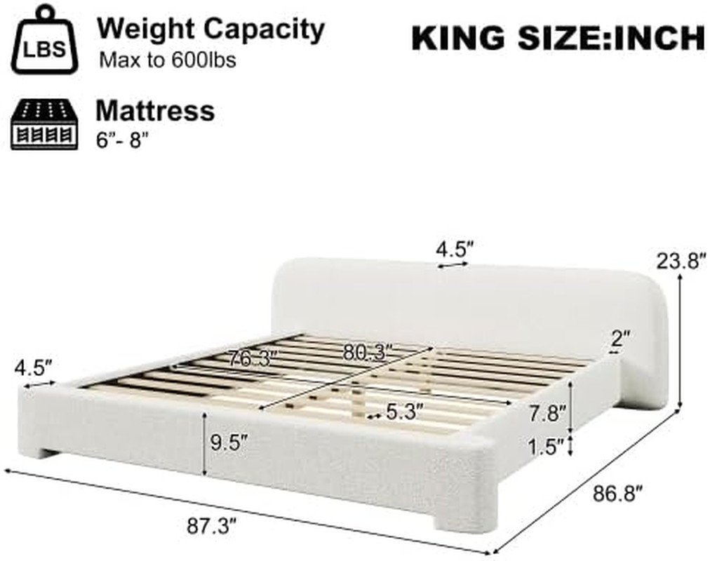 King Size Boucle Upholstered Bedframe - No Box Spring Needed, White