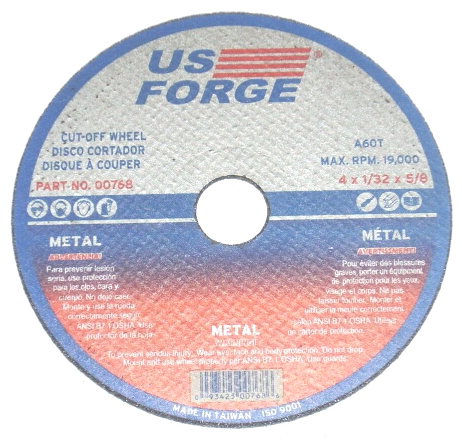 US Forge 00768 Cut Off Wheel 4 x 1/32 x 5/8" A60T Type 1 for Metal 10 pk