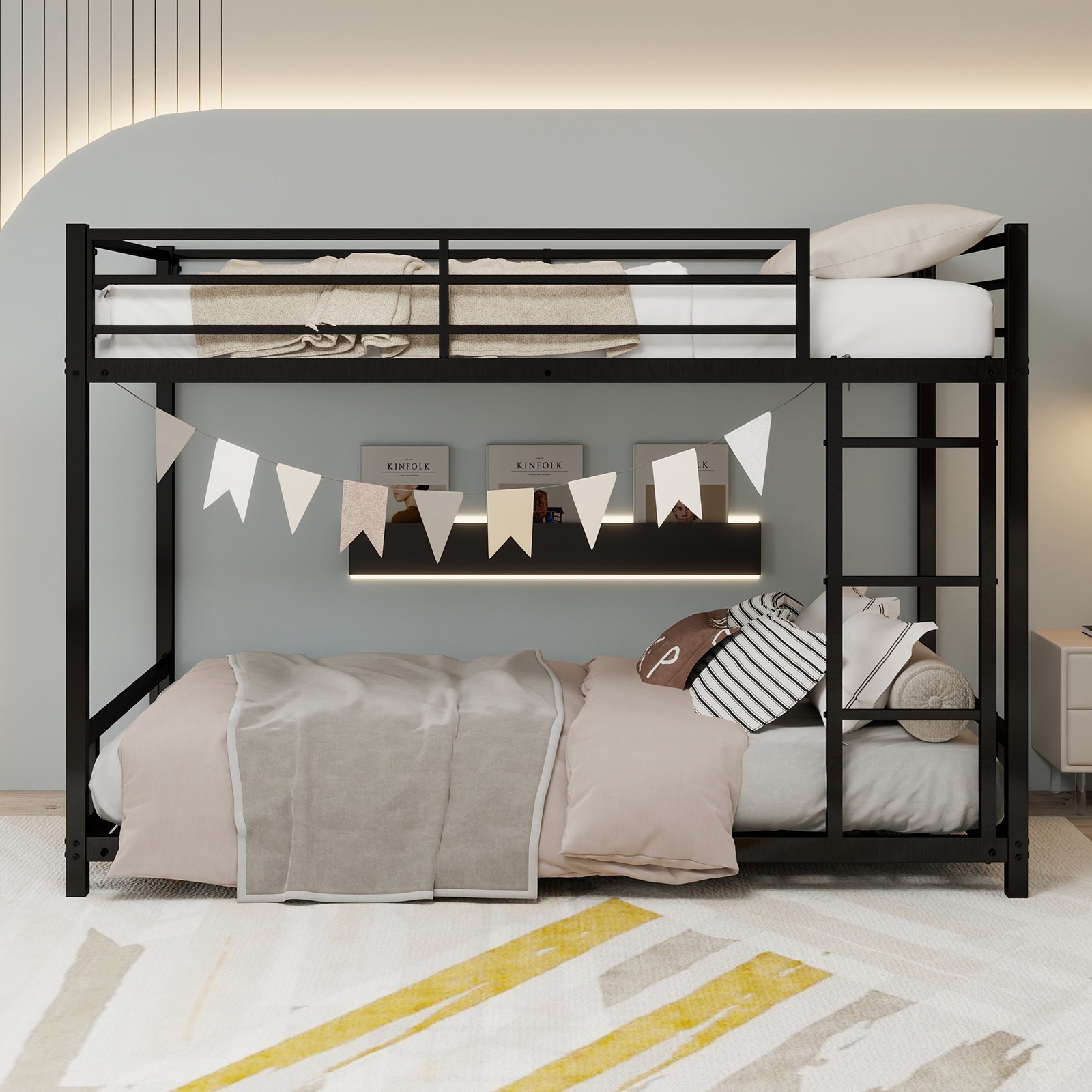 Metal Twin over Twin Bunk Bed Heavy-duty Sturdy Metal w/ Safety Guardrail Black
