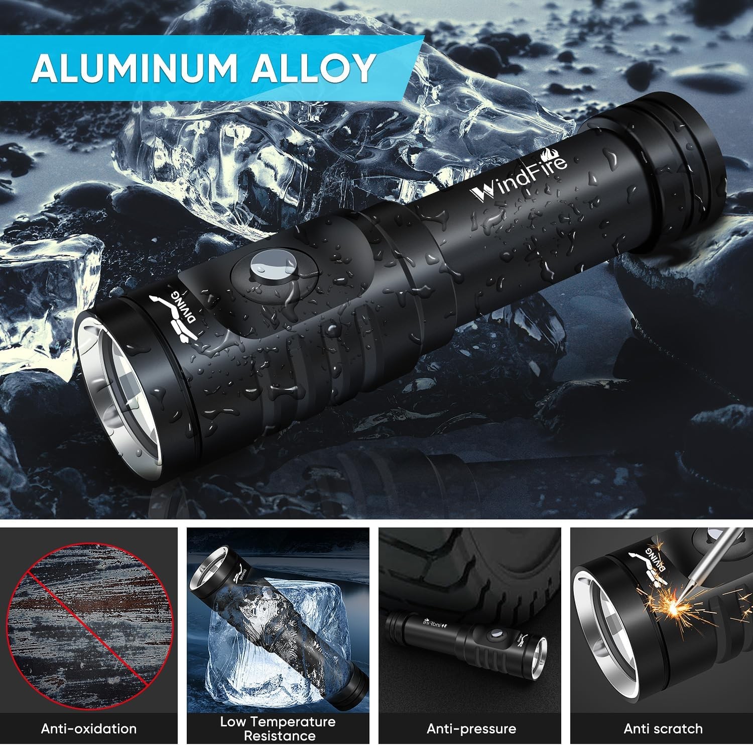 WINDFIRE Dive Light Scuba Diving Flashlight, Super Bright Rechargeable Waterproo