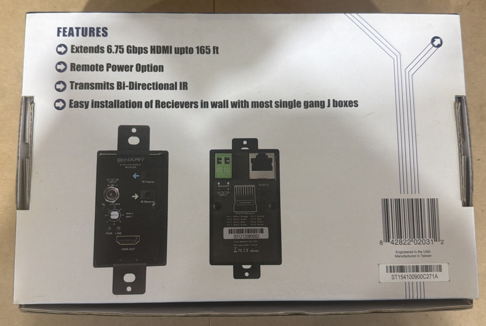 Binary HDMI Extender B-320-1CAT-HDIR Transmitter and Receiver Brand New Open Box