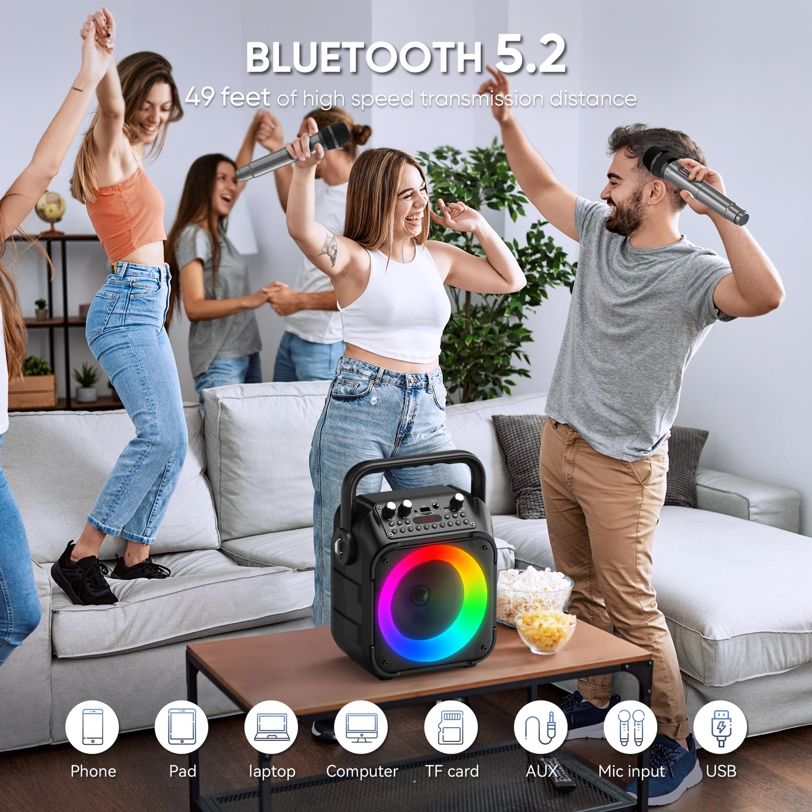 Karaoke Machine, Portable Bluetooth Speaker with 2 Wireless Microphones for A...