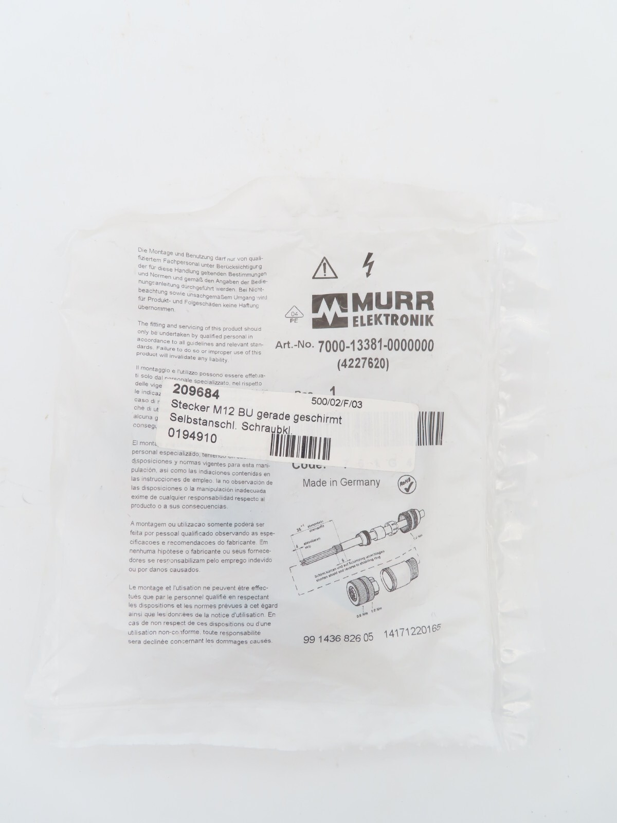 Murr Electronics 7000-13381-0000000 Plug M12 BU Straight