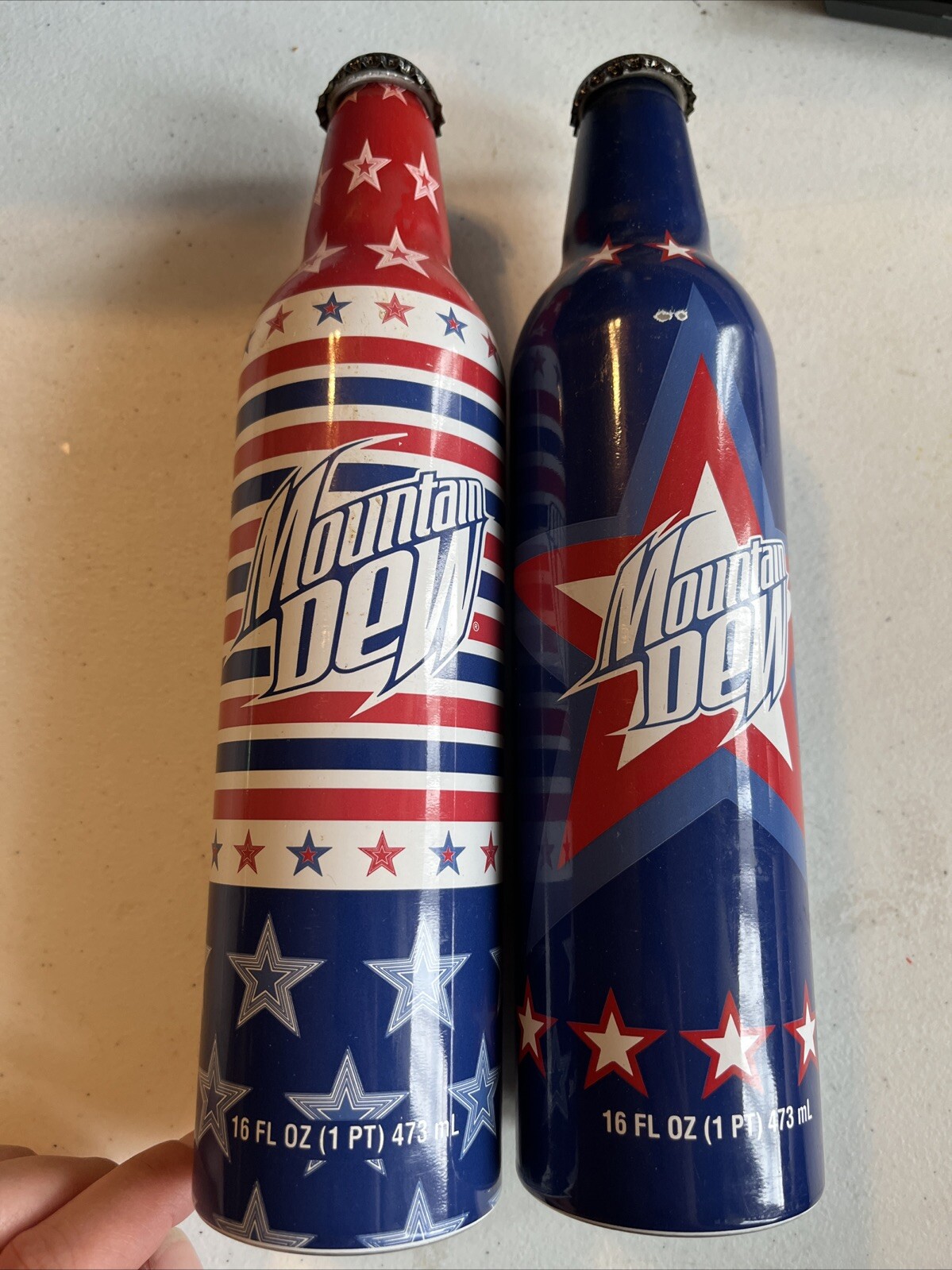 Vintage Mountain Dew MTN DEW Red White Blue  2008 16 oz EMPTY Bottles