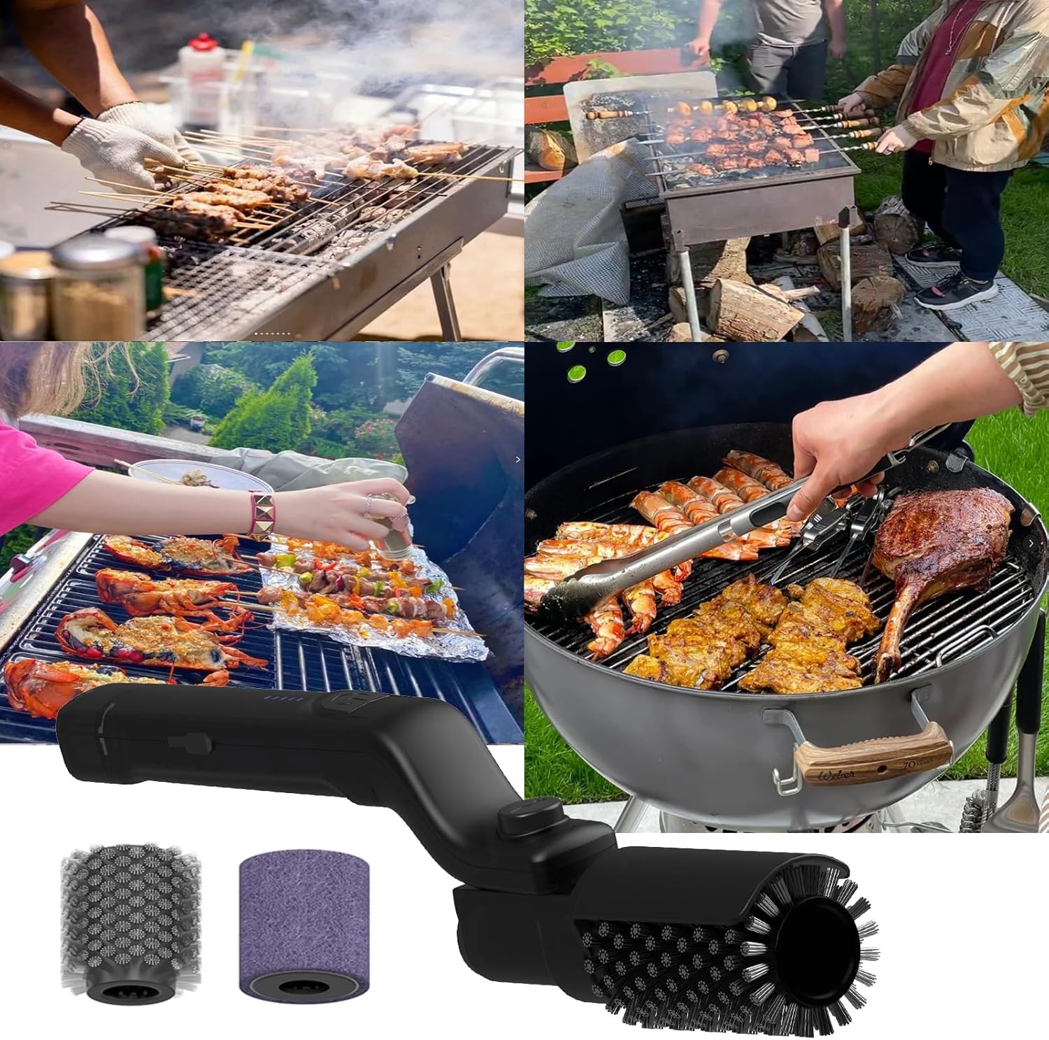 Rechargeable Black Electric BBQ Grill Brush with Two Replacement Brushes