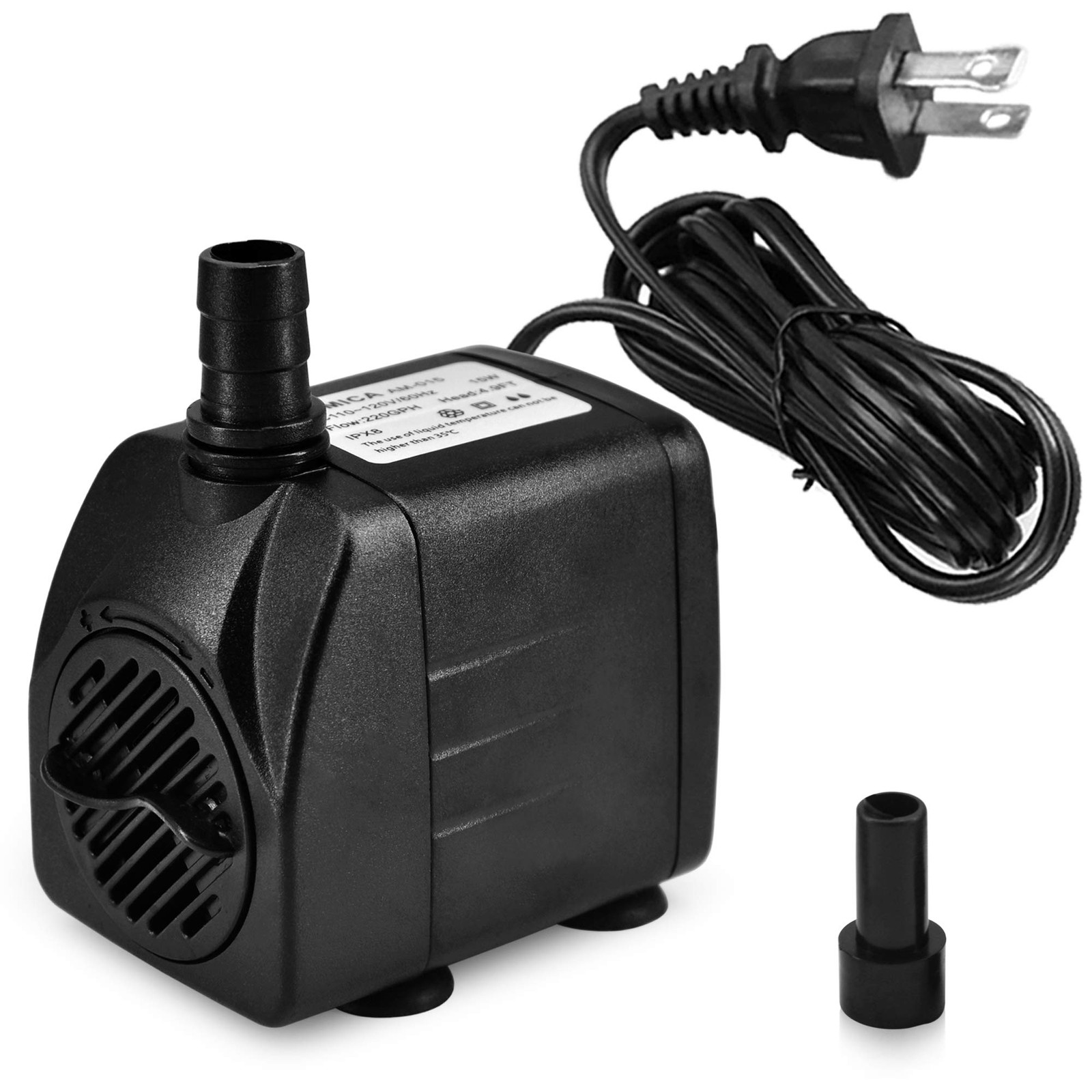 DOMICA 220GPH Ultra Quiet Fountain Pump (15W 800L/H), 220 GPH 15W, Black