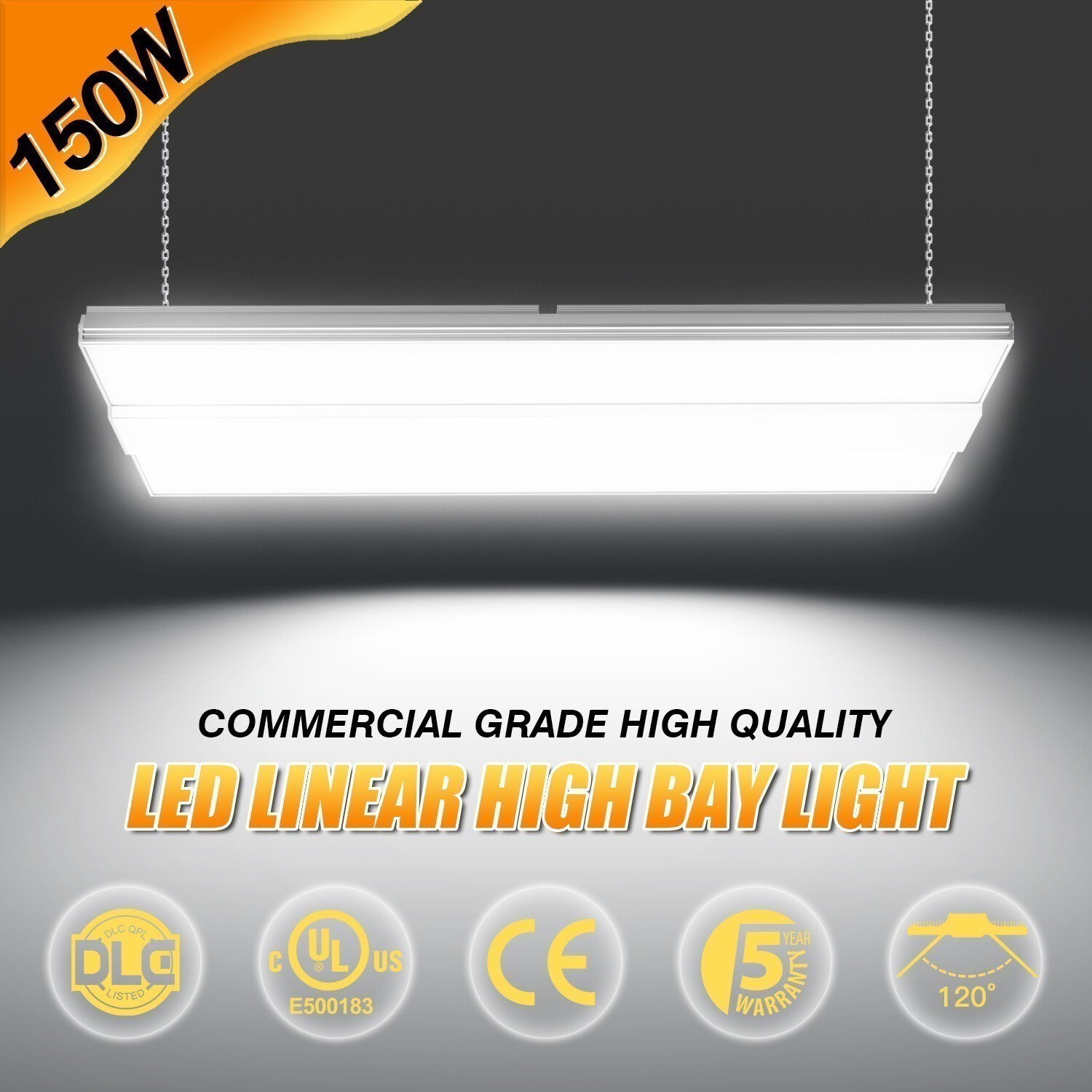 150W LED Linear High Bay Light Commercial Garage Warehouse Hanging Fixture 5000K