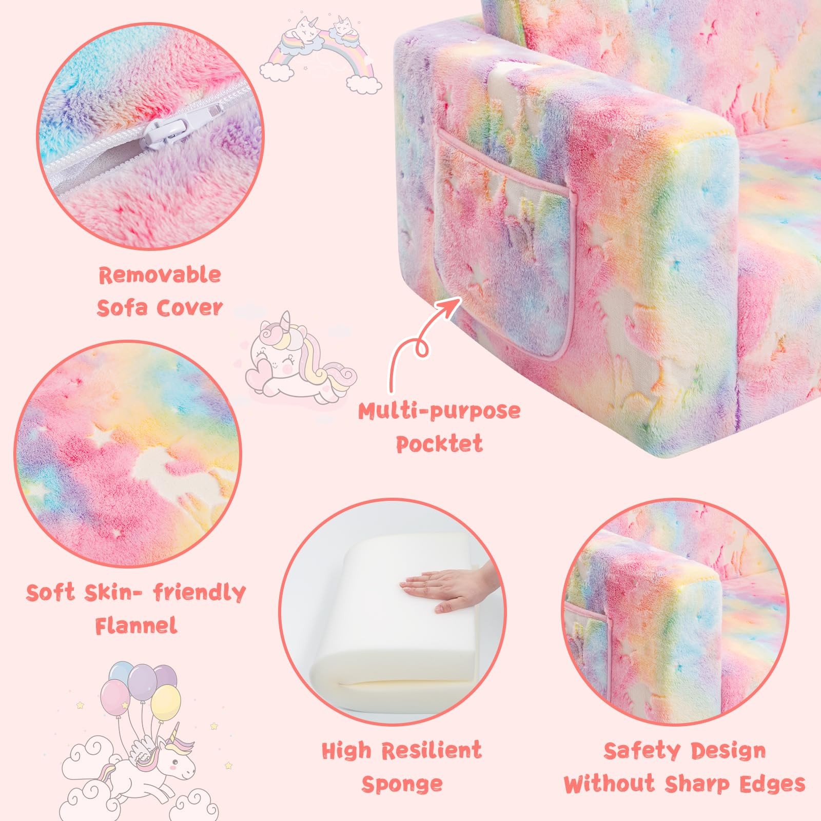 inhand Toddler Chair Comfy,2-in-1 Soft Toddler Couch Fold Out for Kids,Conver...