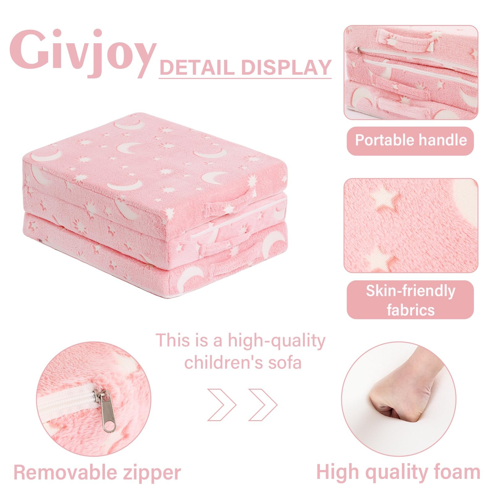 Foldable Floor Mattress for , Glow in The Dark Pink Moon Washable Tri Folding...