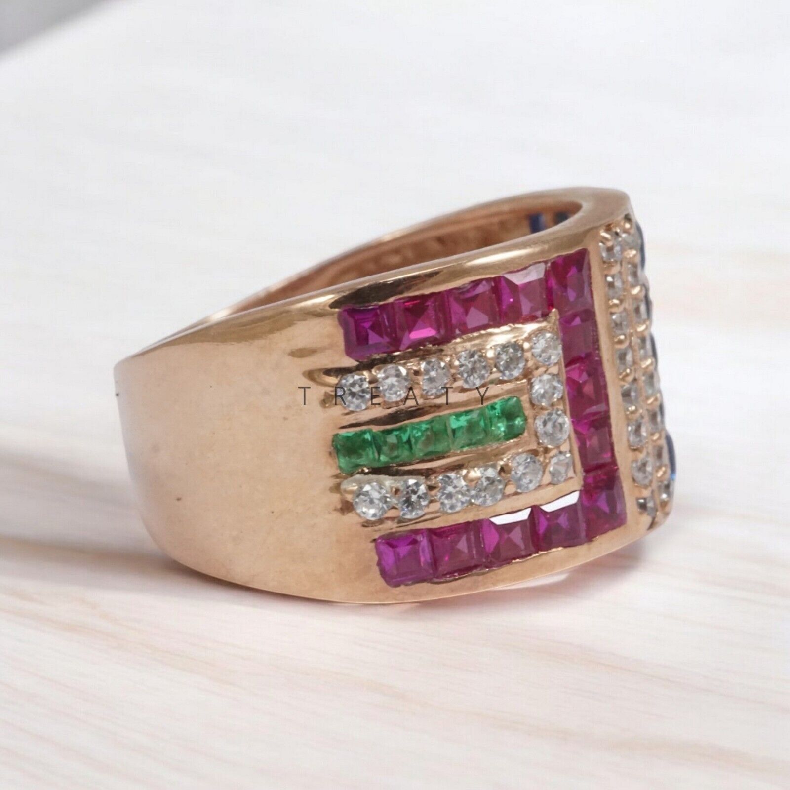 Ruby Square Cut With 14K Solid   Gold  Ring For Men's #A113