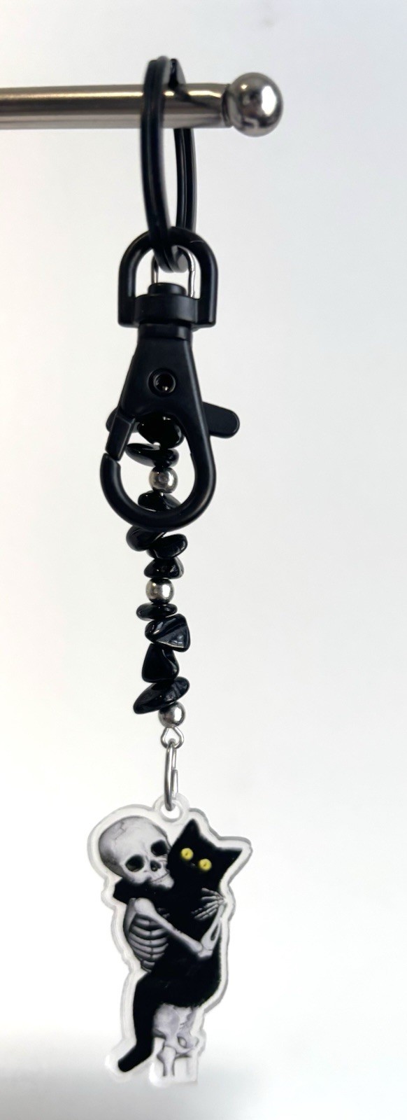Handmade Keychain With Skeleton And Black Cat Charm With Black Tourmaline Chips