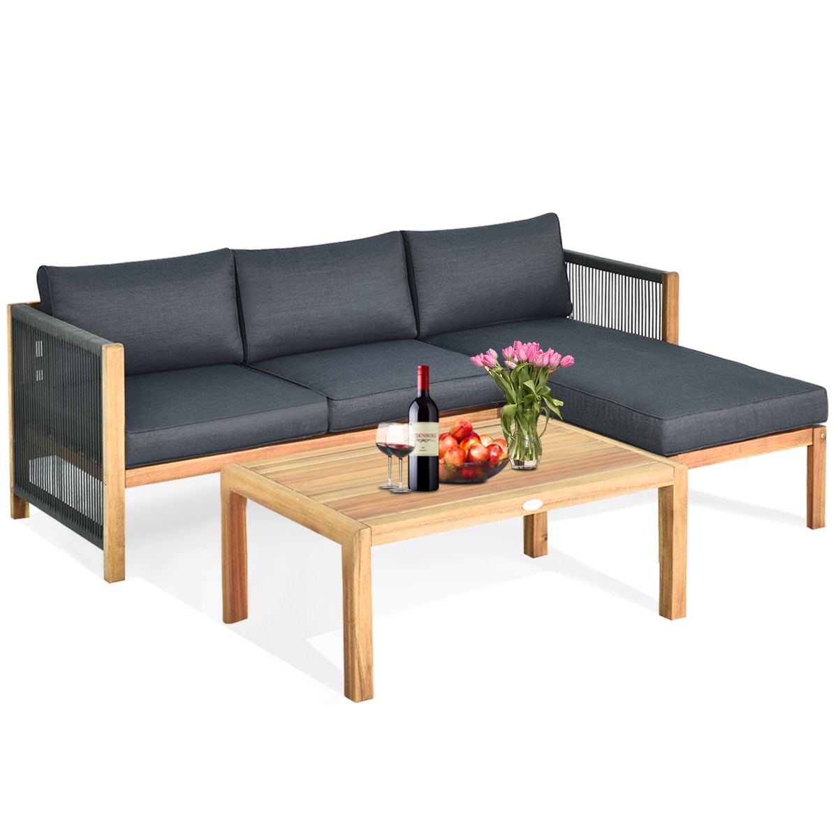 3 PCS Sofa Set Indoor Outdoor Acacia Wood Couch Set w/ Coffee Table Cushion