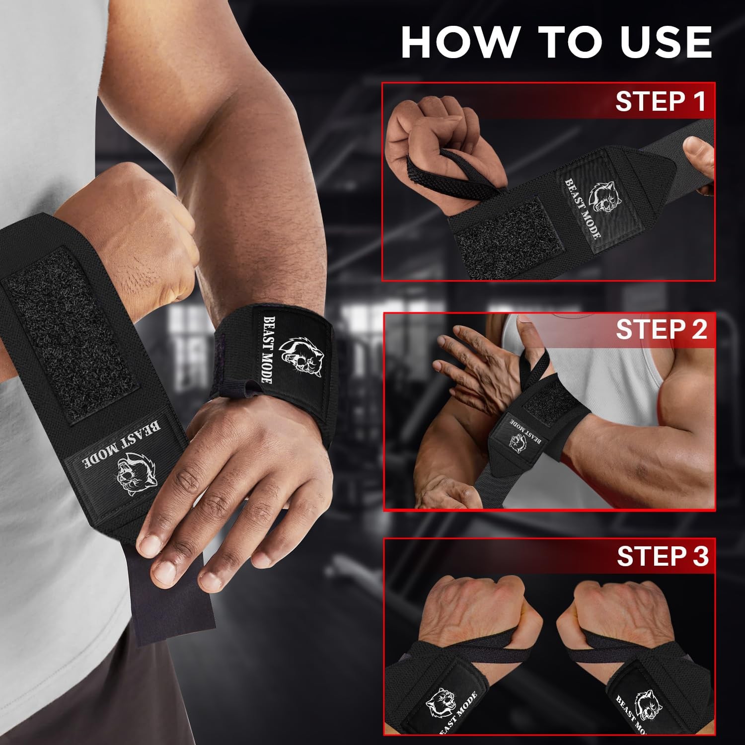 Weightlifting Wrist Wraps with Thumb Loop – Black – Beast Mode – 12 inch – He...