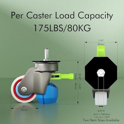 Leveling Stem Casters with Retractable Wheels & TD50 - 600 lbs Total Capacity