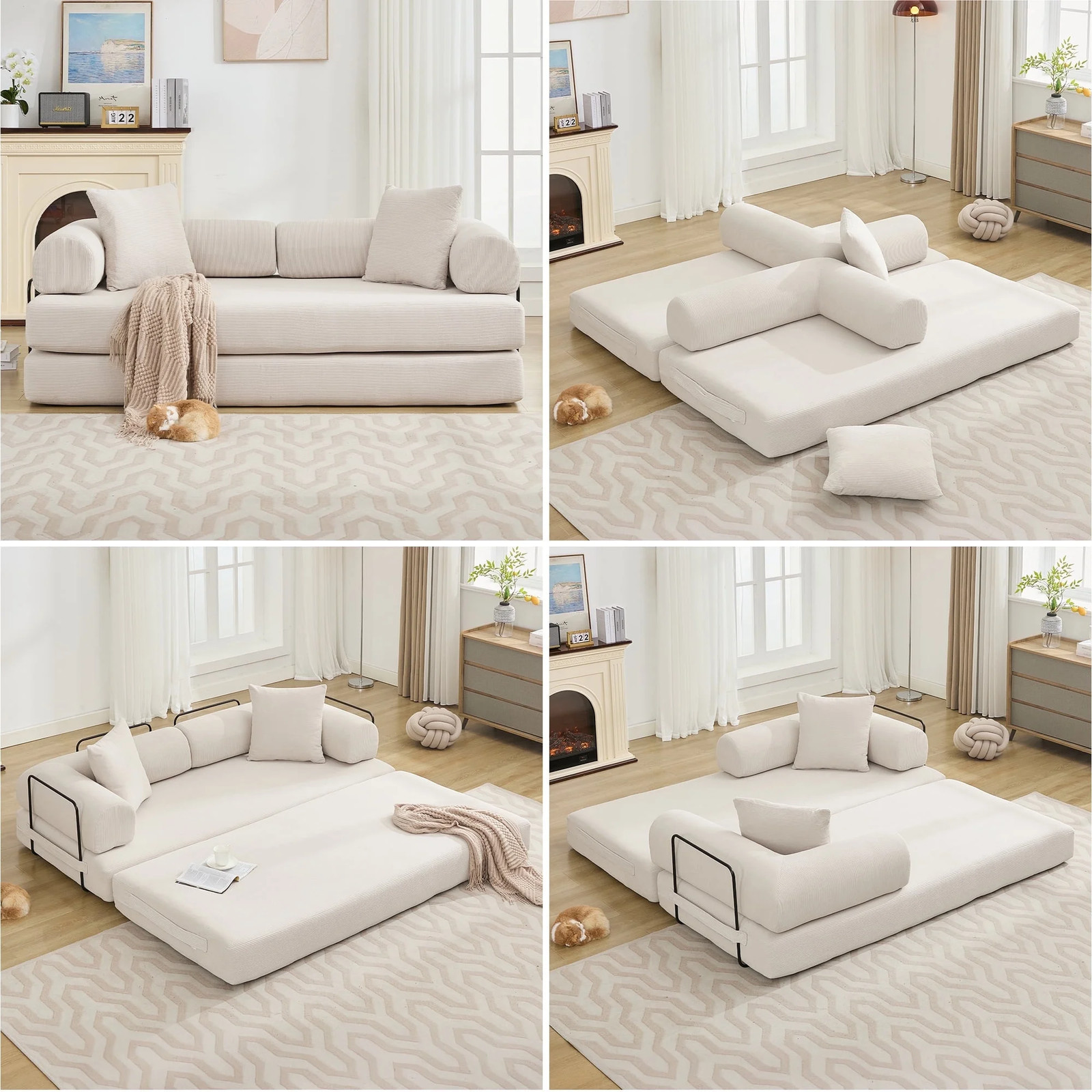78" Beige Corduroy Loveseat Sofa, Queen Size Convertible Sleeper Couch