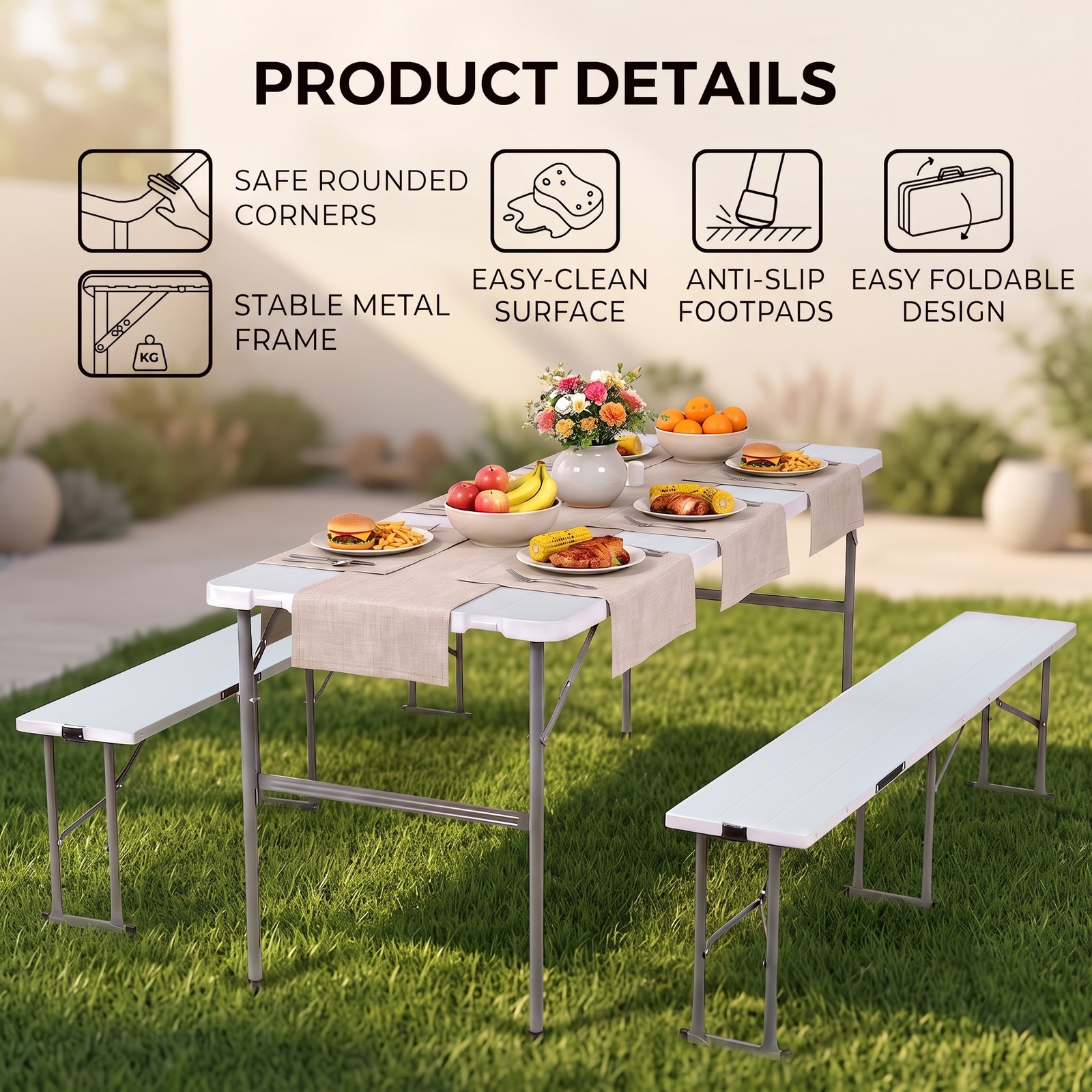 Compact Foldable Picnic Table with Storage Benches Weather Resistant HDPE Table