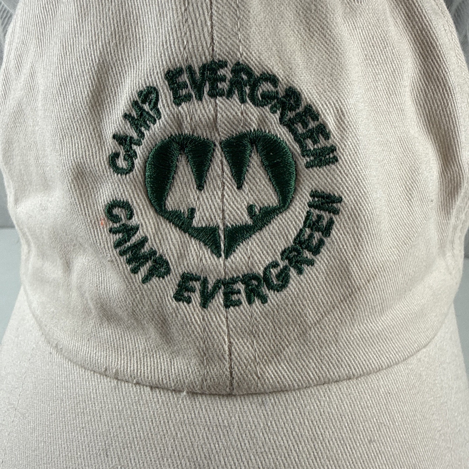 Camp Evergreen w Forest Logo in Green on Off White Cotton hat Cap Hook Loop