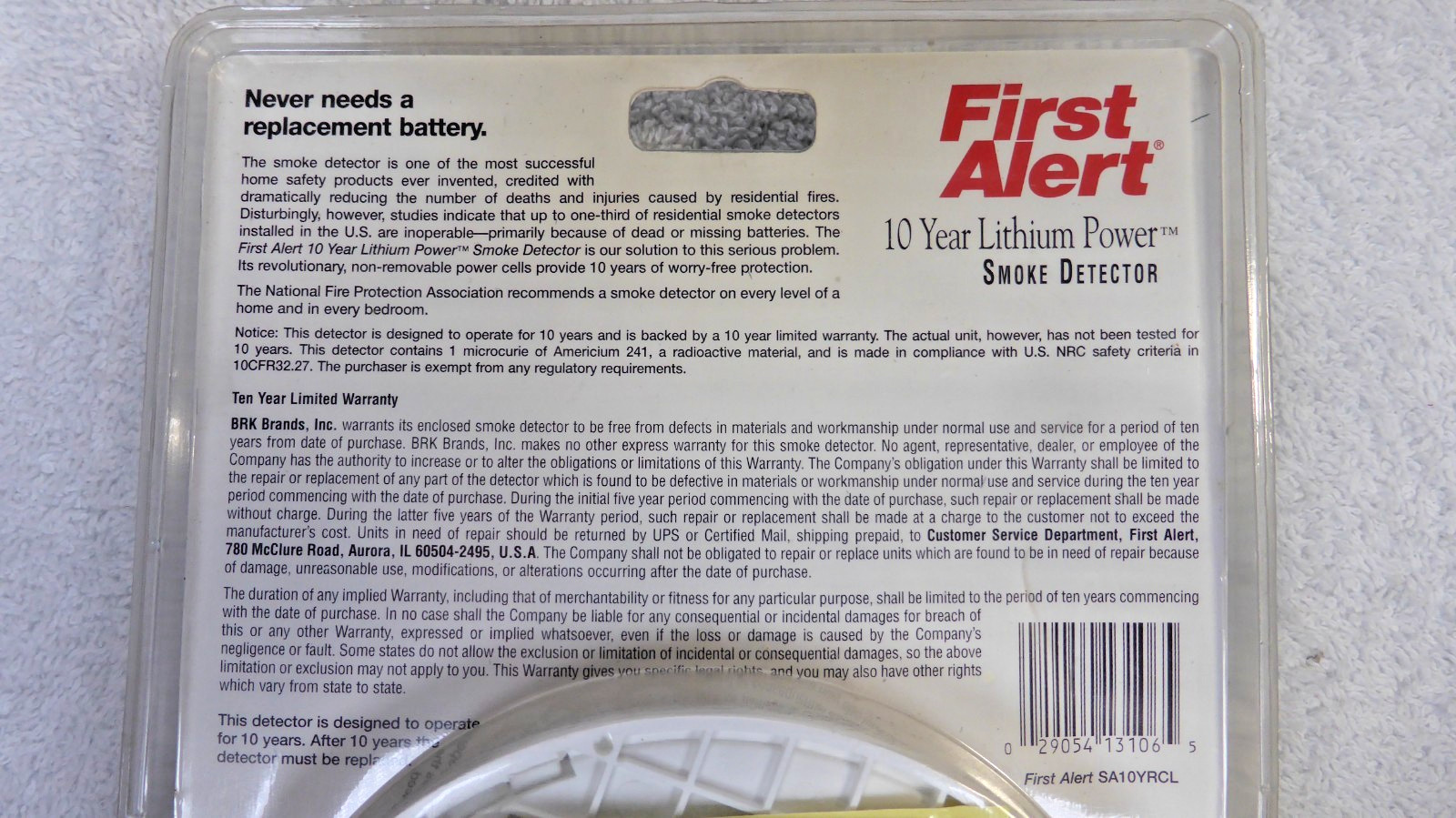 First Alert Battery Powered Smoke Detector Alarm SA10YRCL