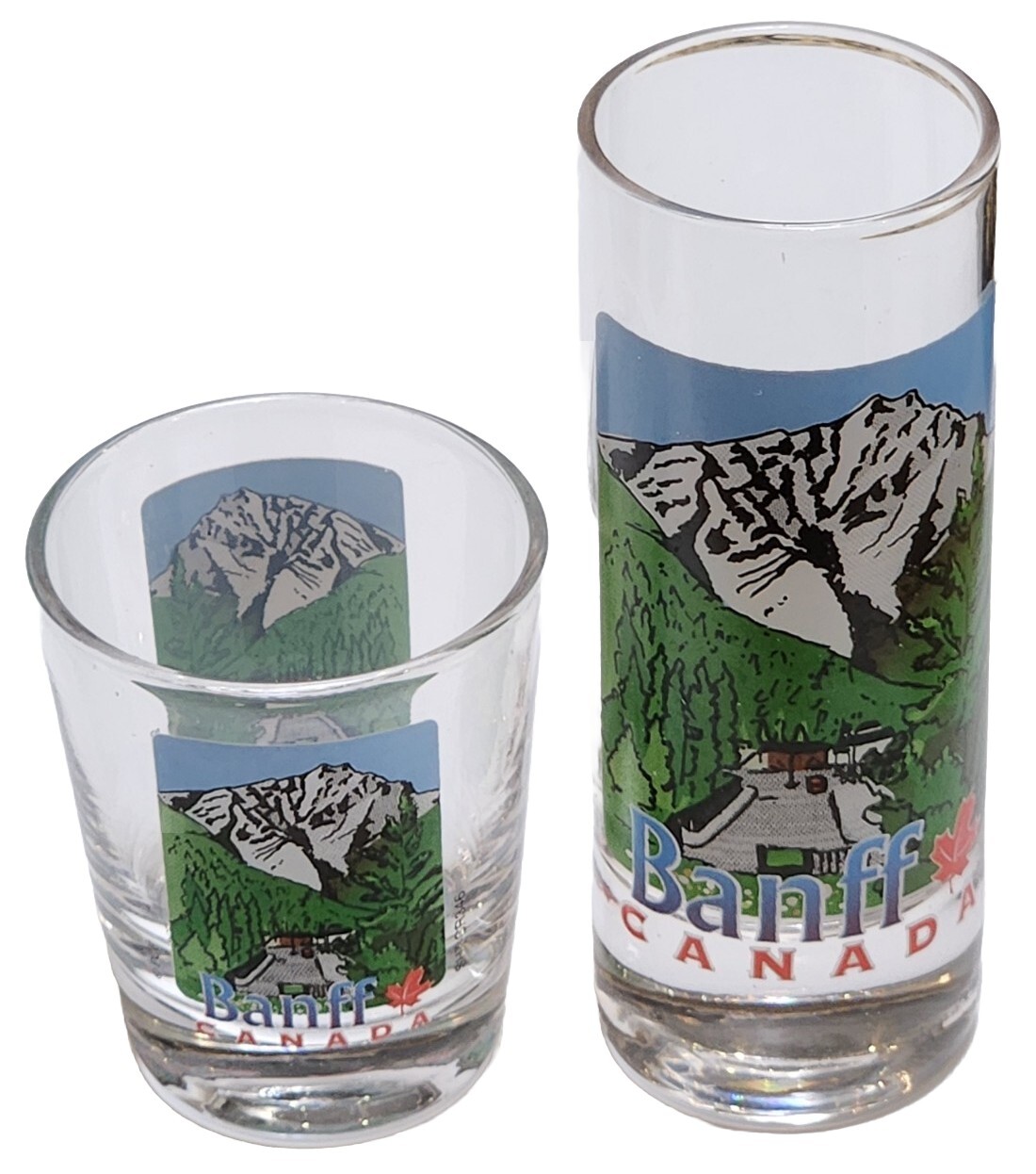 (2) Canada Souvenir Shot Glass Banff Landscape & Maple Leaf Bar Drink Tall 4.25"