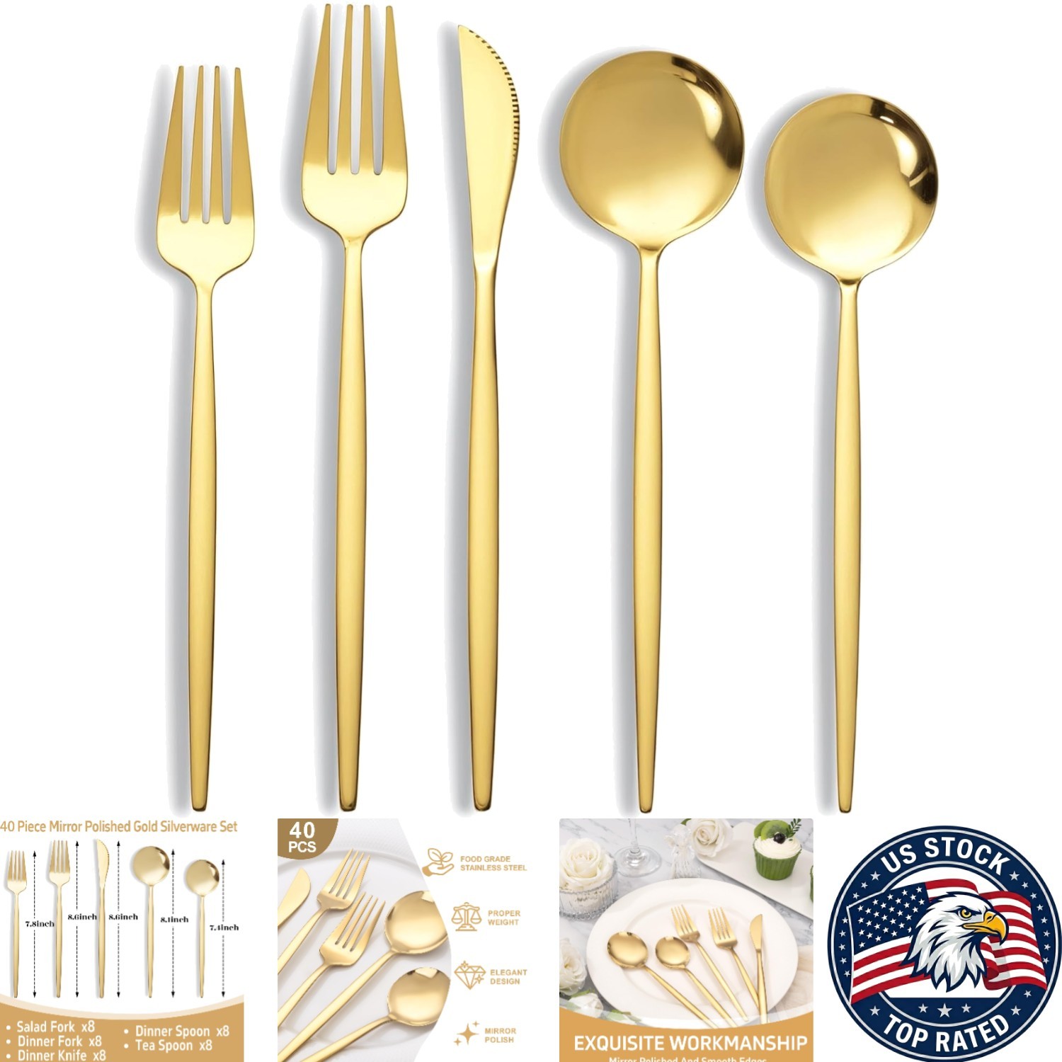 Ergonomic Design 40-Piece Gold Cutlery Set for 8 - Hand Wash Recommended