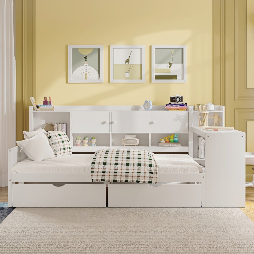 White L-Shape Daybed w/ Storage Cabinets & Desk, Twin Size