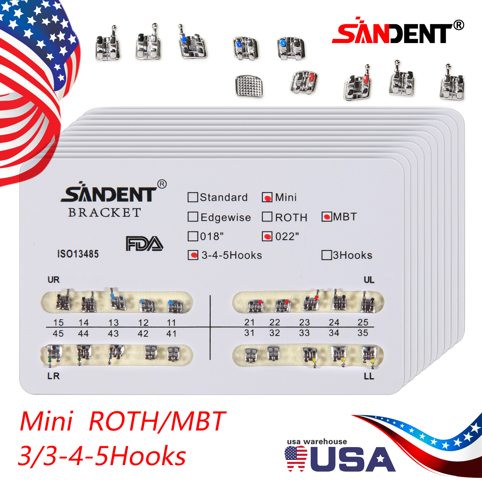SANDENT Orthodontic Dental Brackets Braces Mini Roth MBT.022 Hooks 10 Packs st