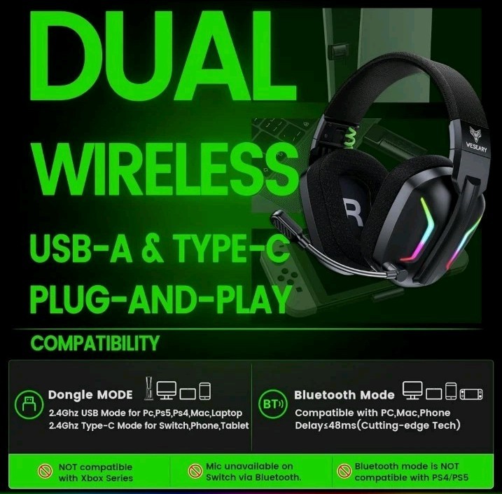 WESEARY Wireless Gaming Headset f PC, PS5, PS4, Switch Aurora Black 2.4ghz 50h