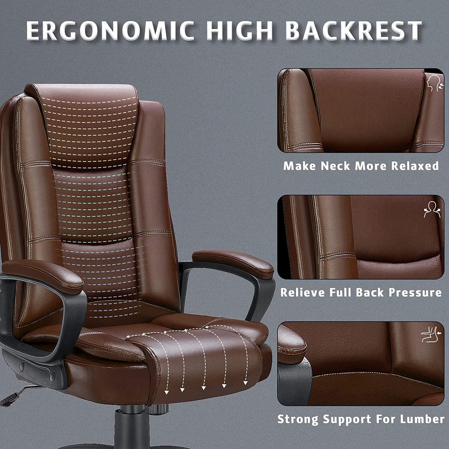 Heavy Duty Leather Office Rolling Computer Chair High Back Executive Desk Brown