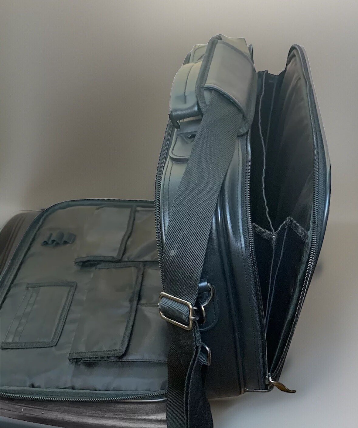 Black Leather Document Laptop Briefcase Multi Pocket W/Handle & Carrying Strap