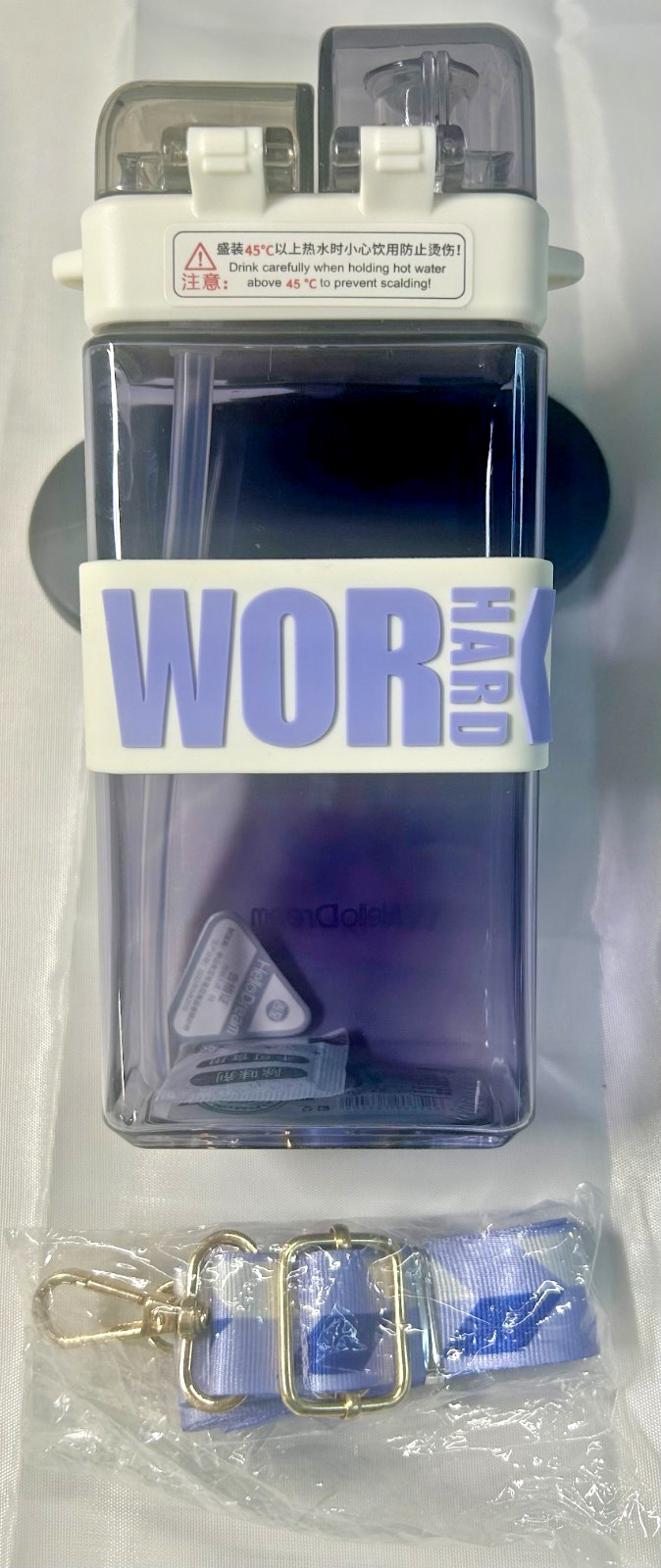 Dual Spout Top 18 Oz. Rectangular Water Bottle Tote Soft Bite Straw Strap New