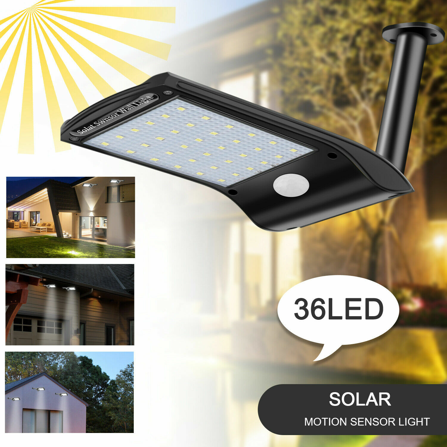 36 LED Solar Lights PIR Motion Sensor Waterproof Outdoor Garden Yard Wall Lamp