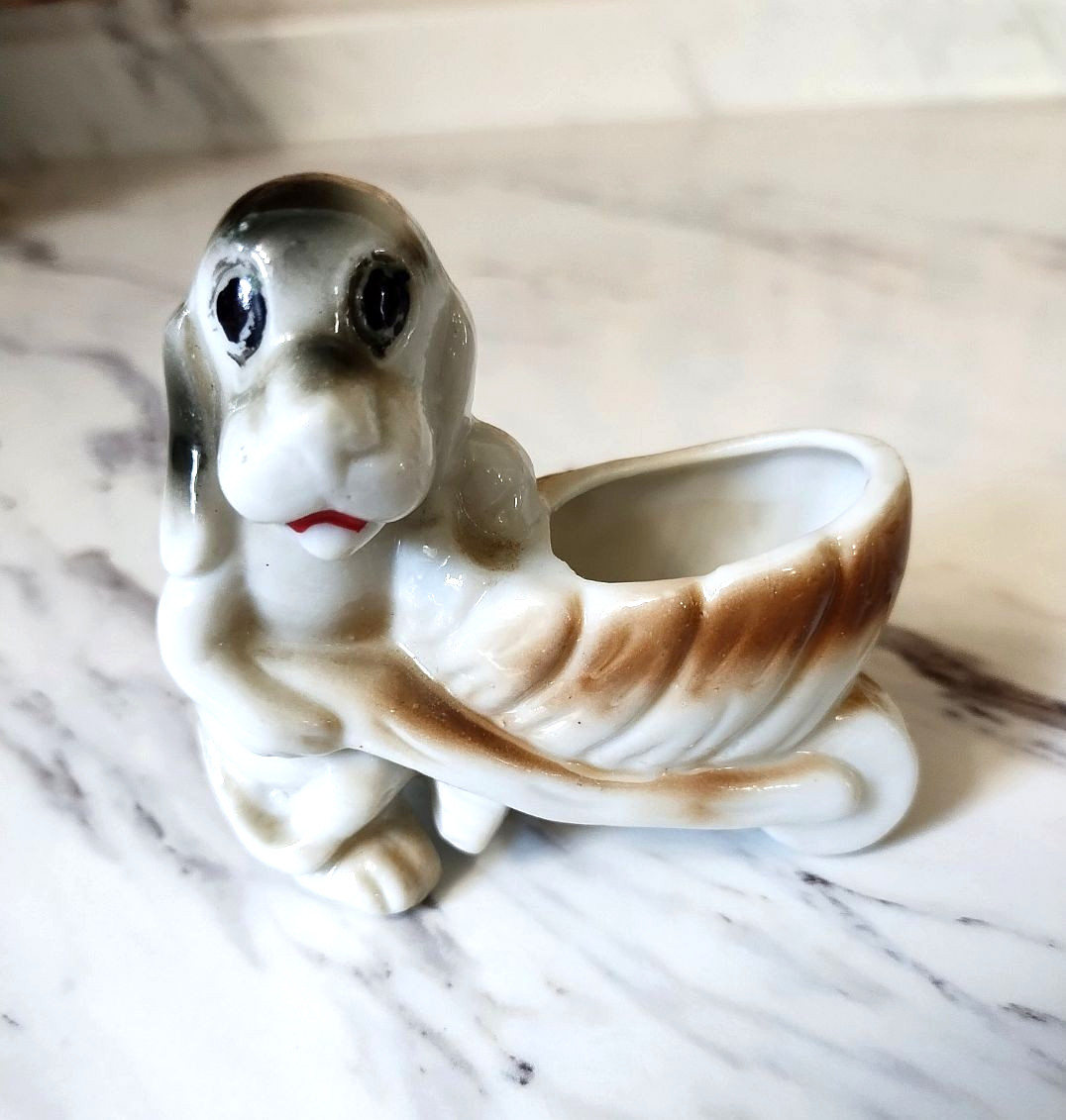 1940s-50s little ceramic long-eared dog w/ wheelbarrow planter toothpick holder