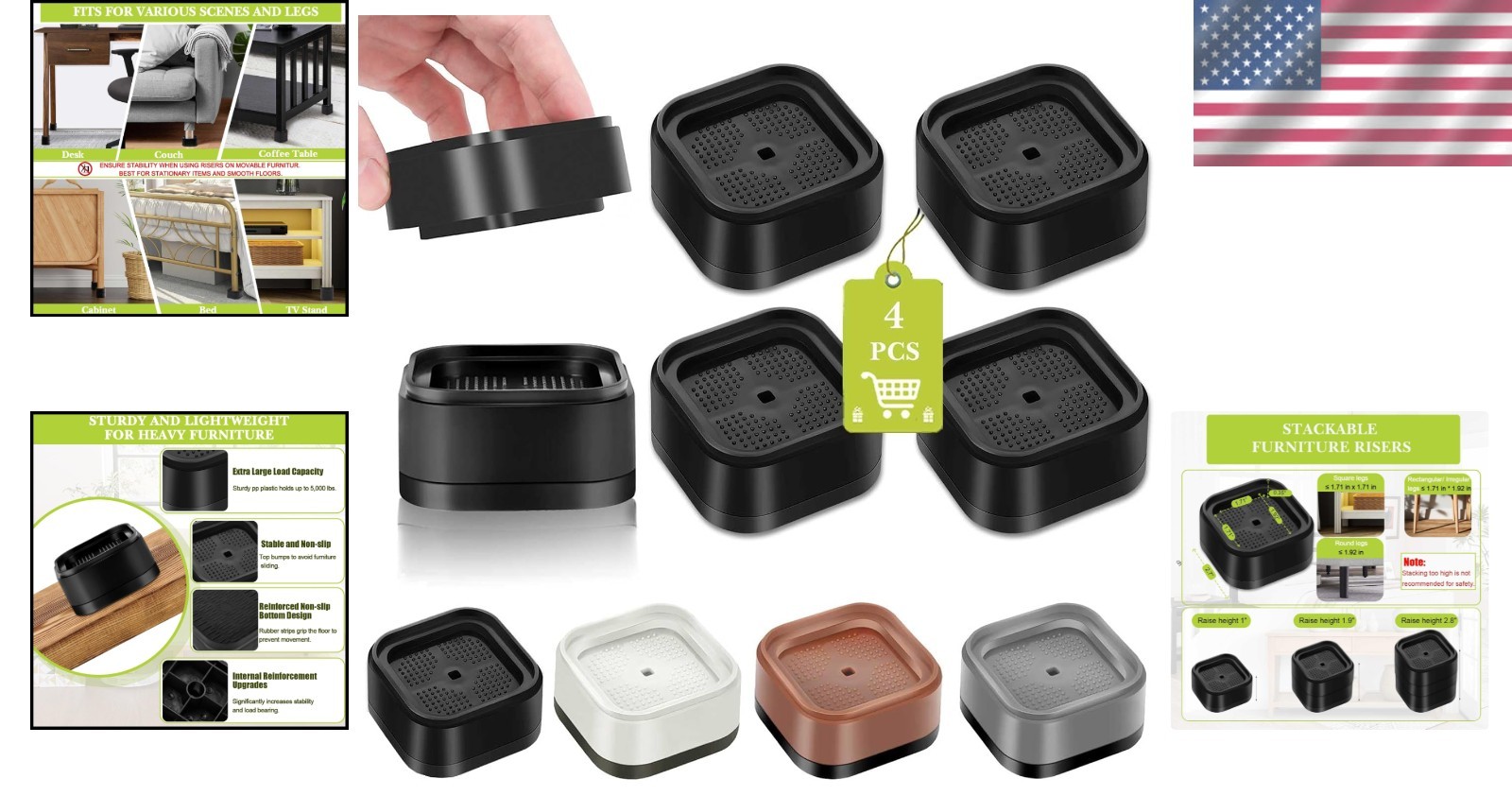4 Pack Stackable Furniture Risers, Adjustable 1-3 Inch Elevation in Sturdy Black