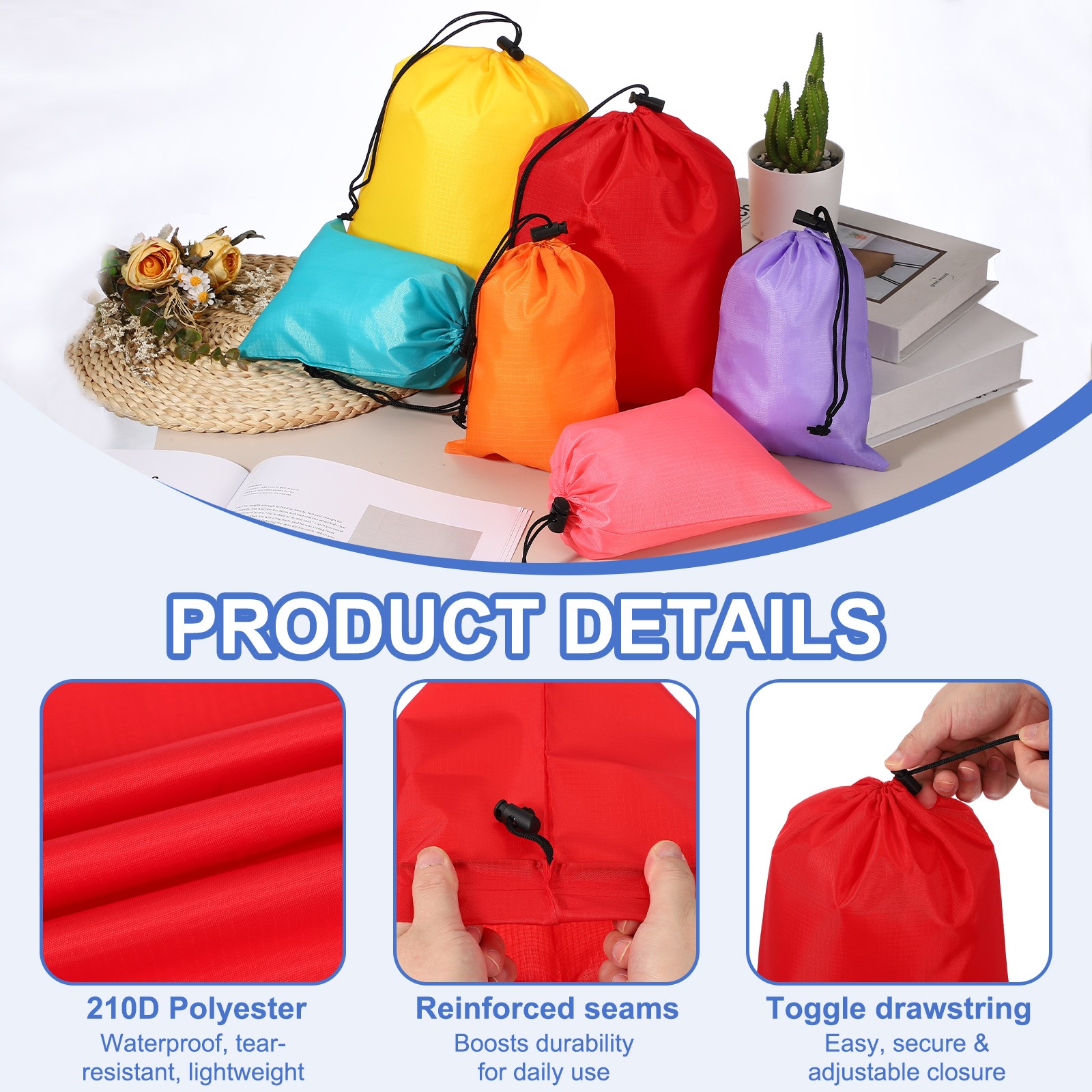 3 Pack Drawstring Bag with Toggle Stuff Sack Cinch Bag 3 Size Sky Blue/Red/Black