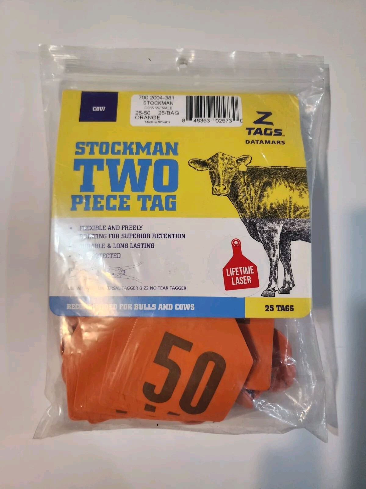 Z-Tag Two Piece Cow Identification Ear Tags - 25ct Orange Numbered 26-50 No Snag