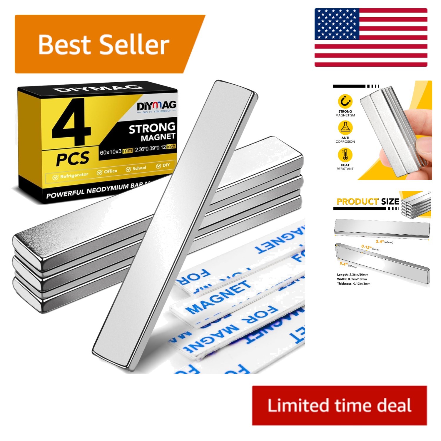 Triple Coated Neodymium Magnets, Adhesive, 4-Piece Set for Home & Crafts