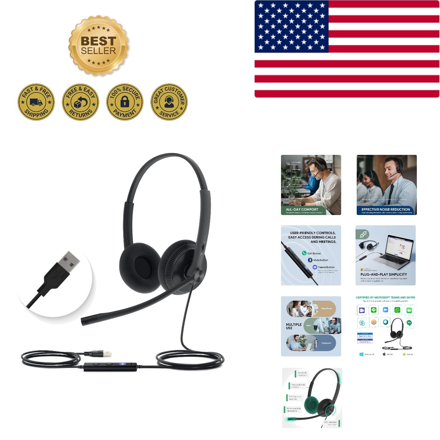 Professional Wired USB Headset with Active Noise Cancellation for Calls & Music