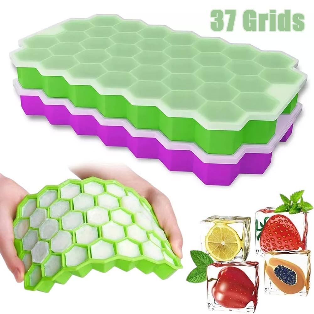 1x Silicone Ice Cube Tray Honeycomb Molds With Lid Bar Whiskey Cocktails 37Grids