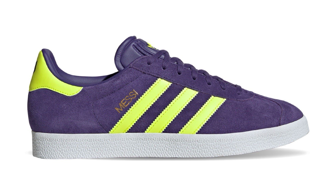 Sz 11- Adidas Men’s Gazelle Messi Soccer Indoor Shoes, Purple/Lucid Lemon/White