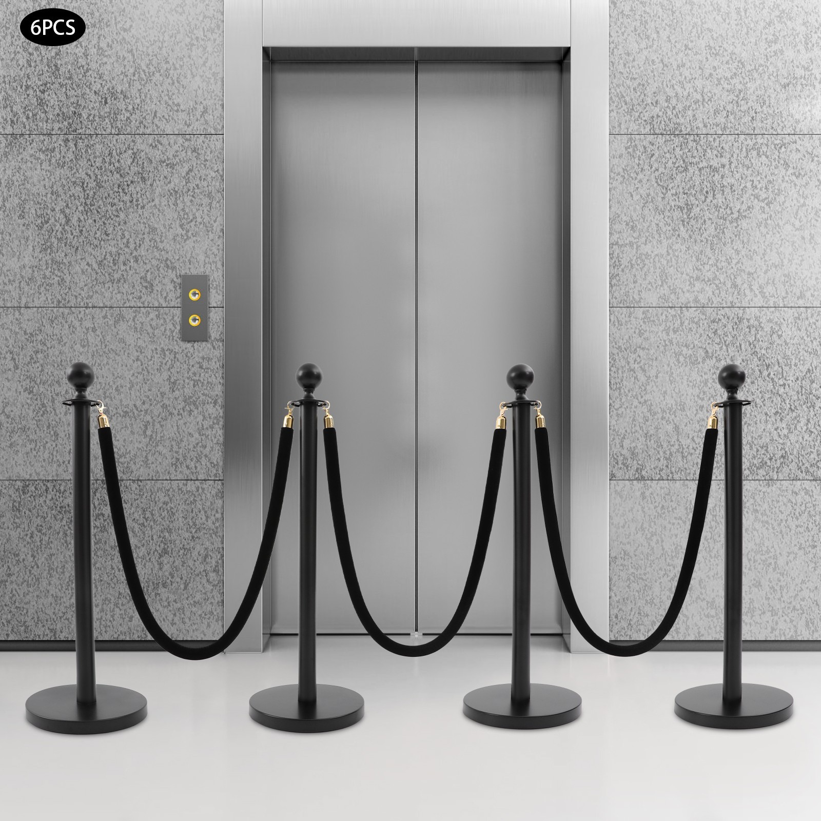 6 PCS Black Stanchion Posts Queue Pole with 4 1.5M Ropes Crowd Control Barrier